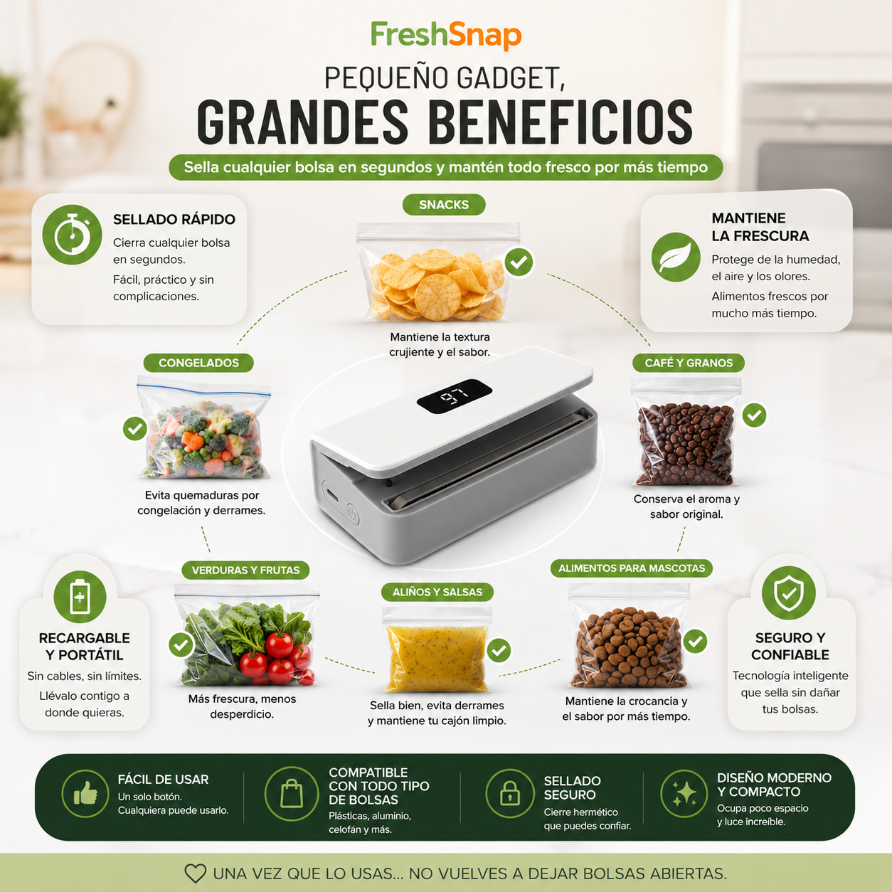 Mini selladora térmica FreshSnap con pantalla LED y carga USB-C