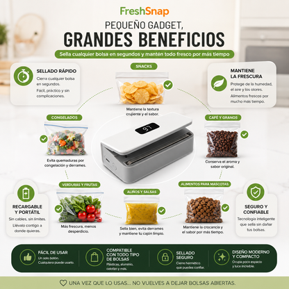 Mini selladora térmica FreshSnap con pantalla LED y carga USB-C