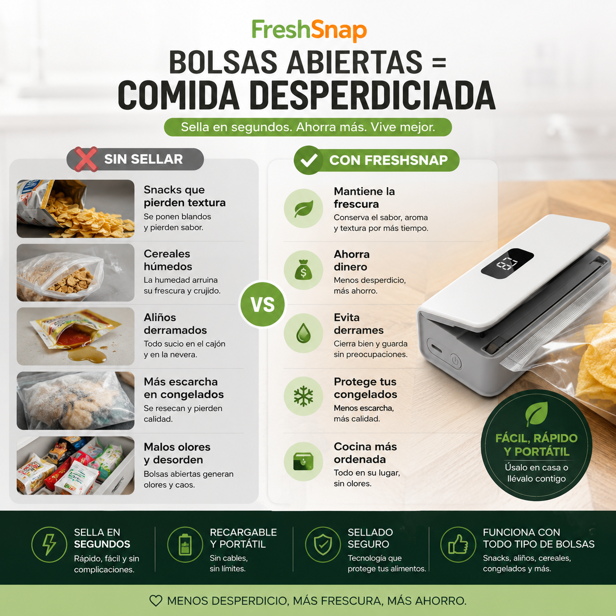 FreshSnap sellando bolsa de cereales y frutos secos para conservar frescura